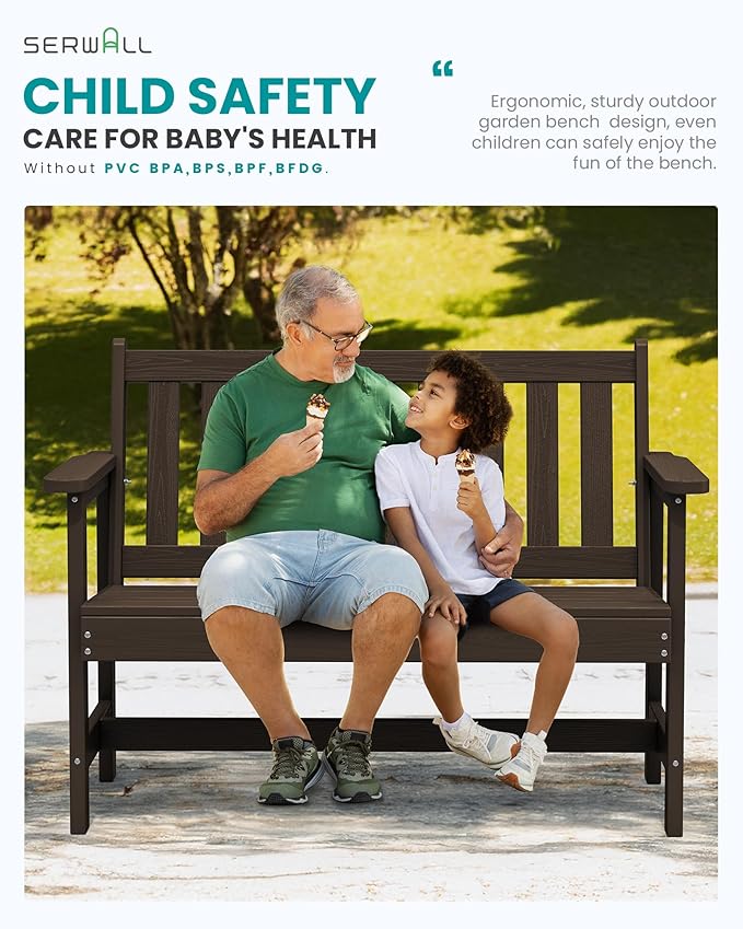 SERWALL Outdoor Bench, HDPE Outdoor Benches Weatherproof, 2-Person Garden Bench with 660 lbs Weight Capacity, Patio Benches for Outdoors, Garden, Porch, Backyard and Park, Coffee, 2 Pack