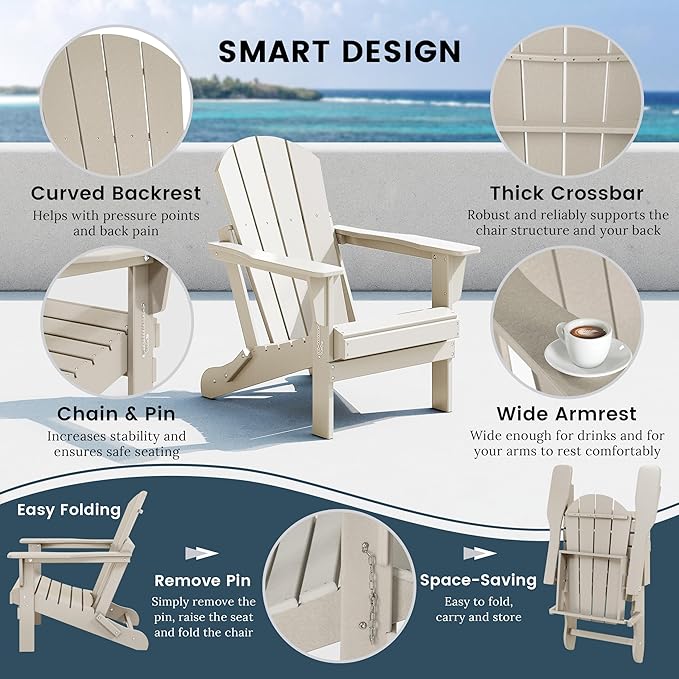 Westin Outdoors Laguna WO Home Furniture Adirondack Chair 4 PC Set Classic Outdoor Patio Folding Chair for Bon Fire Pit Lawn Backyard Beach Plastic Weather-Resistant (Sand)