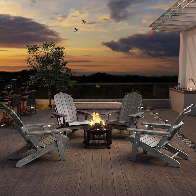 Folding Adirondack Chair Set of 4 with Adjustable Backrest, Adirondack Chair with Retractable Ottoman with 2 Cup Holders, for Pool Deck Beach Garden, Grey