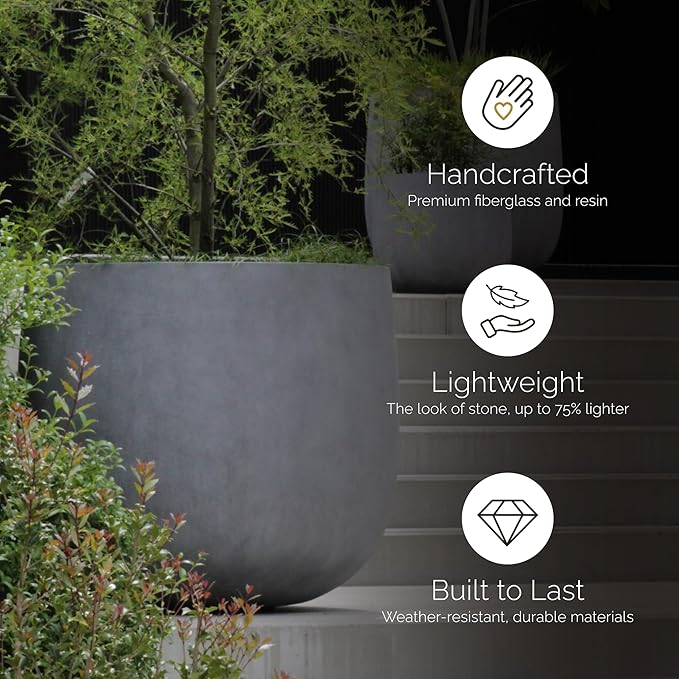 Mondo Large Planter – Concrete Stone Finish – Fiberglass Indoor/Outdoor and Weather-Resistant Round Planter (33" D x 31.3" H Exterior, 31.5" D x 30.7" H Interior)