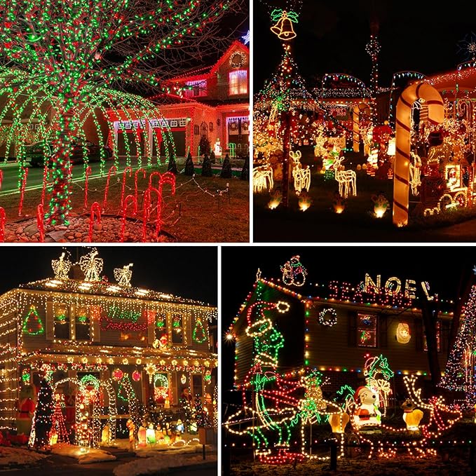 2 Pack Christmas String Lights Indoor Outdoor, Super Bright 66FT 200 LED String Lights Waterproof, Twinkle Xmas Lights with Timer for Christmas Tree Decorations (Red and Green)