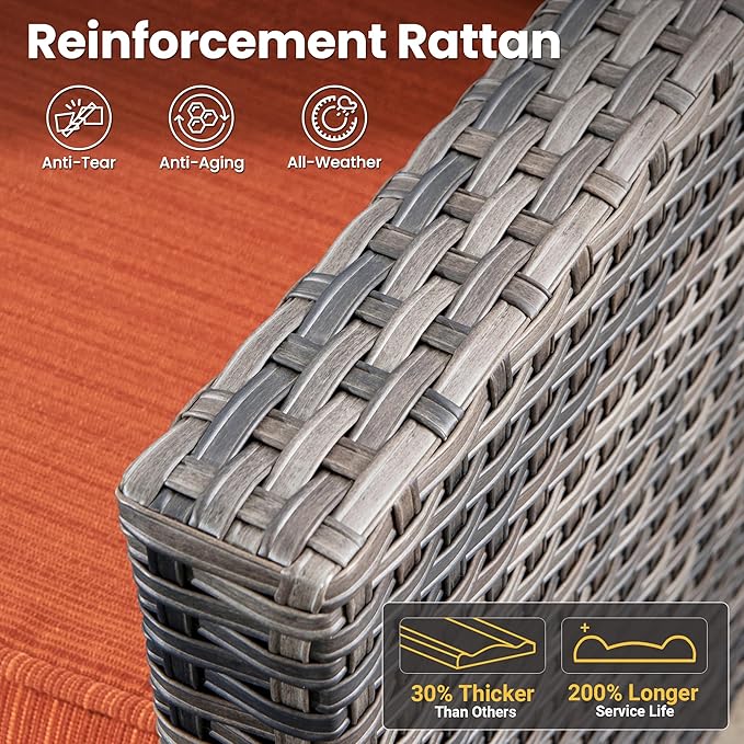 ovios 8 Pieces Patio Furniture Set with 30" Fire Pit Table, Outdoor Wicker Sofa with Comfy Cushions, All Weather High Back Rattan Couch Conversation Set, Orange Red