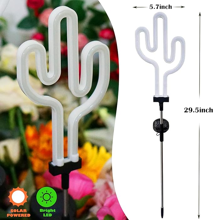 SunKite Cactus Solar Garden Stake Lights - Outdoor Waterproof Neon Lights for Garden, Yard, Lawn, Pathway, Patio, Backyard (2 Pack)