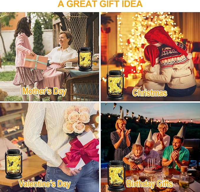 2 Pack Hummingbird Solar Outdoor Lanterns, Birthday Mothers Day Gifts for Women Mom Grandma, Vintage Glass Mason Jar Solar Fairy Lights, Waterproof Garden Lights for Patio Yard Lawn Tree Party Decor