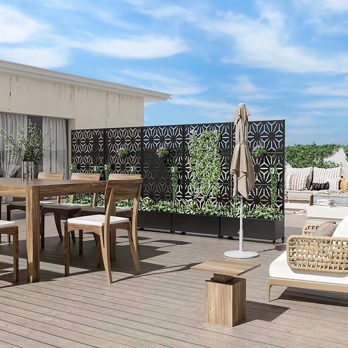 Casaphoria Metal Raised Garden Bed with Trellis and Wheels, 72"x35"x16" Planter Box for Climbing Plants, Vegetables & Vines, Features Drainage Holes and Privacy Screen (Black-Star)