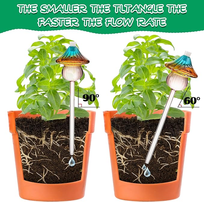 Plant Watering Globes Mushroom, Rainbow Gradient Color Glass Watering Bulbs, Self Watering Planter Insert, Self Watering Globes - Plant Watering Devices for Travel Vacation (4 PCS)