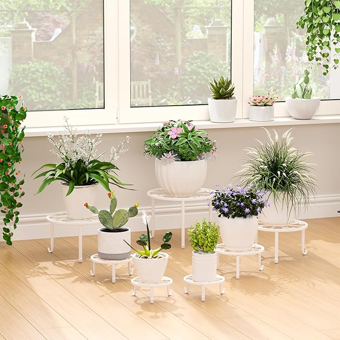 ZUIYIN 7 Pack Metal Plant Stands for Outdoor Indoor, Anti-Rust Iron Flower Pot Stands Outdoor Plants Stands, Indoor Floor Plant Holder Heavy Duty Plant Shelf for Patio, Plant Lover Gifts(White)