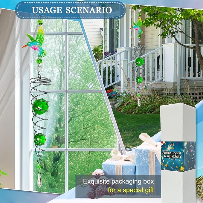 FONMY Hummingbird Gazing Ball Spiral Wind Spinner Sun Catcher Rainbow Maker Silver Spiral W/ K9 Green Crystal Ball Tree Hanging Ornament Indoor Outdoor Garden Decor. -19.5inch H