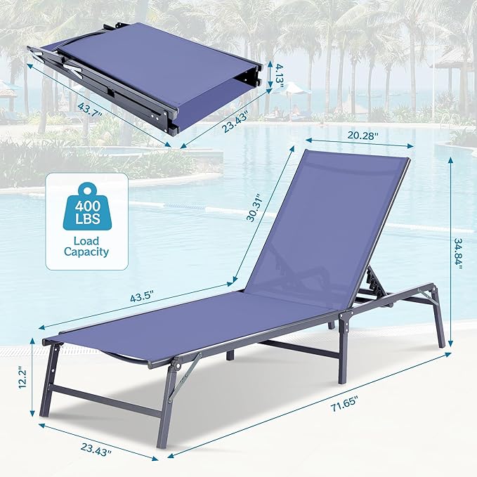 Outdoor Chaise Lounge Chair Set of 2, Foldable & Assemble-Free, 6 Adjustable Positions, Durable Rust-Resistant Frame, Portable Outdoor Pool Lounge Chairs for Pool Patio Beach, Blue