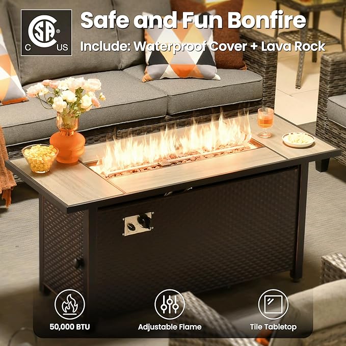 ovios 6 Pieces Patio Furniture Set with 54" Fire Pit Table, Outdoor Wicker Sofa with Comfy Cushions, All Weather High Back Rattan Couch Conversation Set, Dark Grey