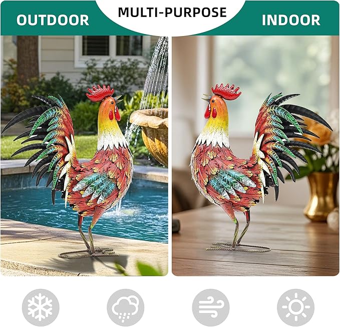 21" Metal Rooster Decor, Outdoor Garden Statues, Metal Chicken Sculpture for Backyard Patio Kitchen Decor