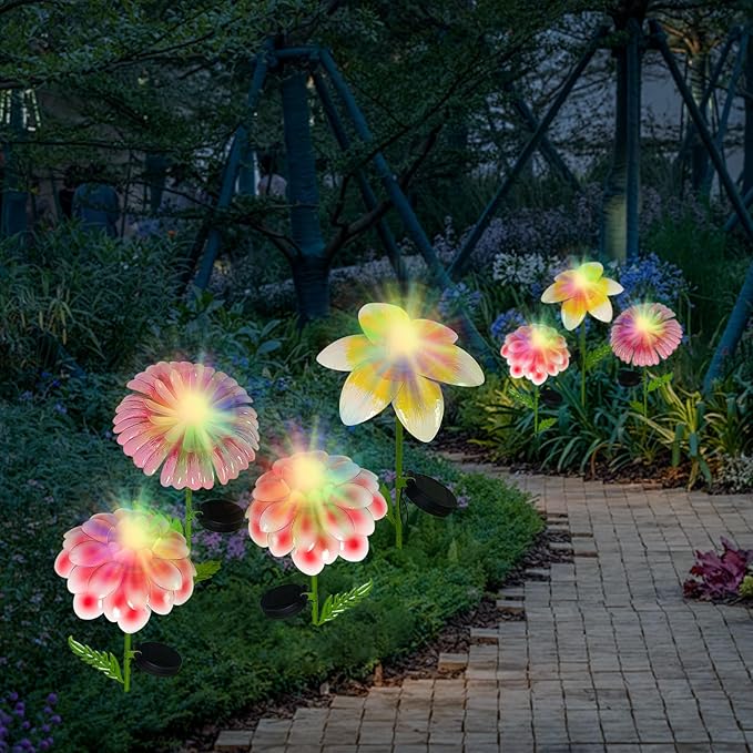 6Pcs 25" Solar Garden Decor for Outside, 3D Metal Flowers for Outside, Valentines Day Decorations Outdoor, Solar Stakes Garden Decor, Yard Art for Lawn Patio Porch Gifts for Her