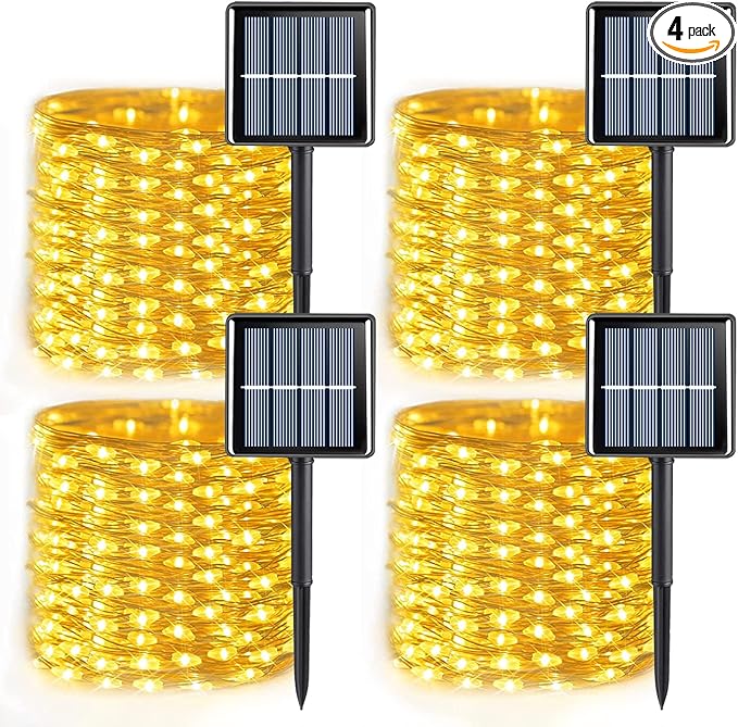 QITONG 4 Pack Solar Fairy Lights Warm White, Each 33ft 100 LED Outdoor String Light, 8 Modes Copper Wire Lights for Outside Tree Wedding Party Garden Patio Christmas