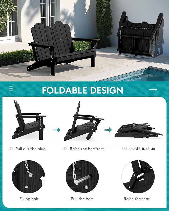 SERWALL 2 Person Adirondack Loveseat, HDPE All-Weather Folding Adirondack Bench Chair, Outdoor Adirondack Chair Set of 4, Black