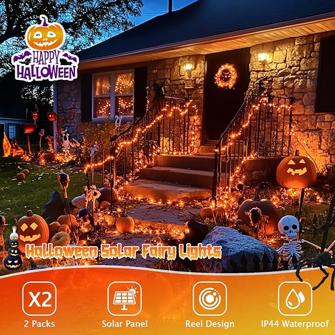 JMEXSUSS 2 Pack Solar Halloween Lights, 33ft 100 LED Outdoor Waterproof Orange Solar Lights for Tree Yard Patio Garden Halloween Thanksgiving Decorations