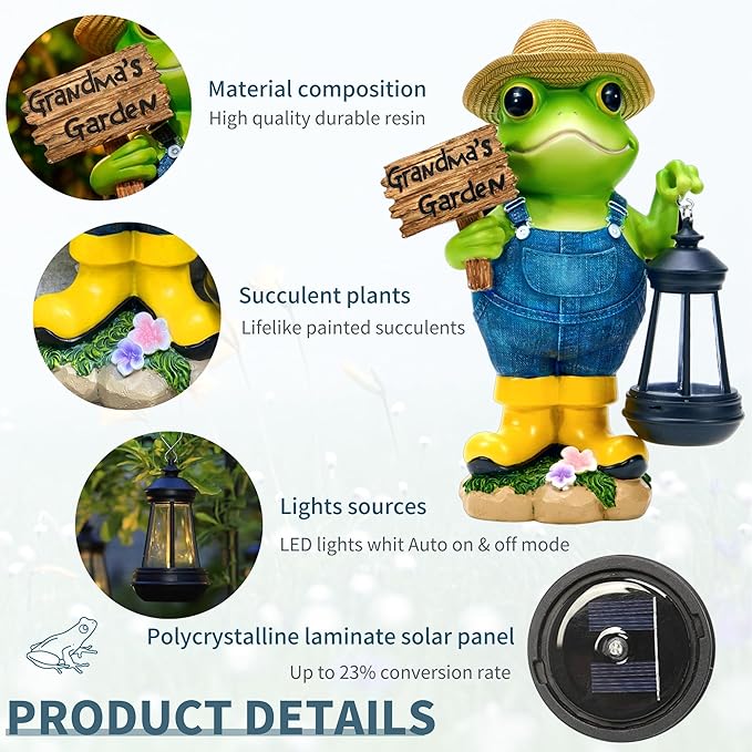 Frog Garden Statue with Solar Light, Gardener Frog Decoration with Solar Lantern Light for Home, Outdoor, Garden, Patio and Yard Decor, Best Gifts for Mom/Grandma, Grandma's Garden