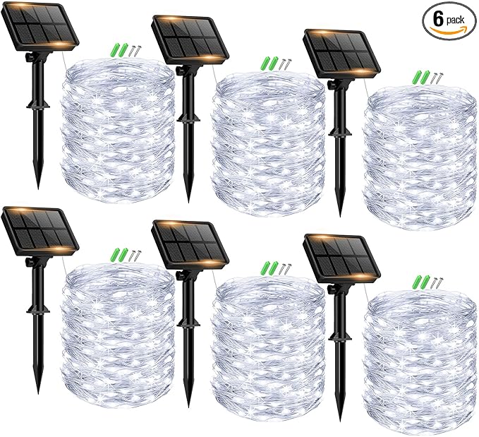6 Pack Solar Fairy Lights for Outside Waterproof, 49FT/15M 150LED Solar String Lights Outdoor 8 Modes Solar Twinkle Lights for Garden Yard Christmas Tree Wedding Party Decor, Cool White