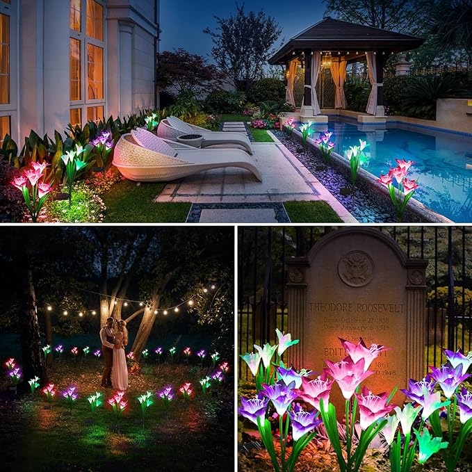KOOPER Outdoor Solar Lights, 6 Pack Solar Garden Lights with Bigger Lily Flowers, Waterproof 7 Color Changing Solar Lights Outdoor - Bigger Solar Panel for Outdoor Patio Yard Garden Decoration