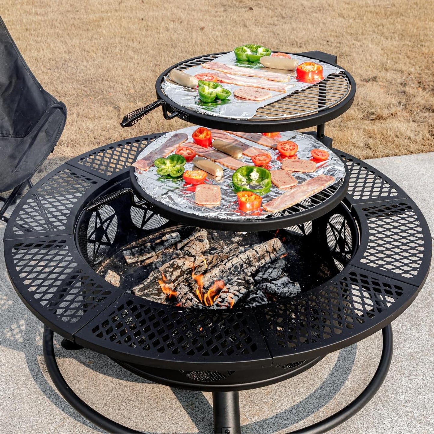 42 Inch Fire Pit with 2 Grills, Extra Large Wood Burning Fire Pits for Outside with Lid & Poker, Heavy Duty Firepit,BBQ& Outdoor Fire Pit & Round Metal Table 3 in 1 for Patio, Picnic, Party