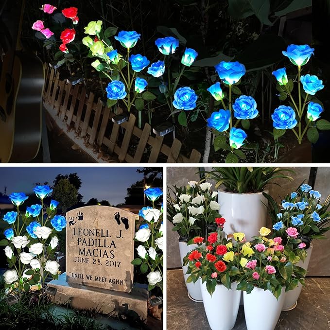 Solar Garden Lights, Solar Outdoor Lights with More Realistic 10 Rose Waterproof Solar Powered Flowers Lights for Outside Patio Yard Pathway Decorations, 2 Pack, Blue
