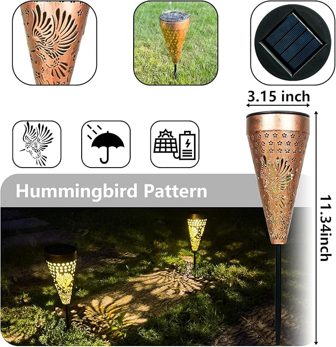 2-Pack Hummingbird Outdoor Solar Pathway Lights, Metal Garden Path Decorations, Waterproof Landscape Lighting for Yard, Lawn, Walkway – Gifts for Women, Mom, Grandma