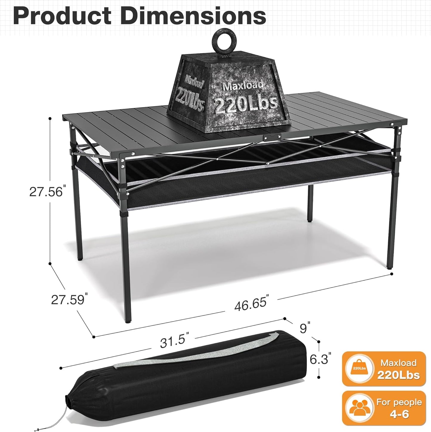 Folding Camping Table, Aluminum Roll-up Table with Storage Net and Carrying Bag, Outdoor Lightweight Camp Table for Picnic, Camping, Beach,Backyard, BBQ, Party, Patio