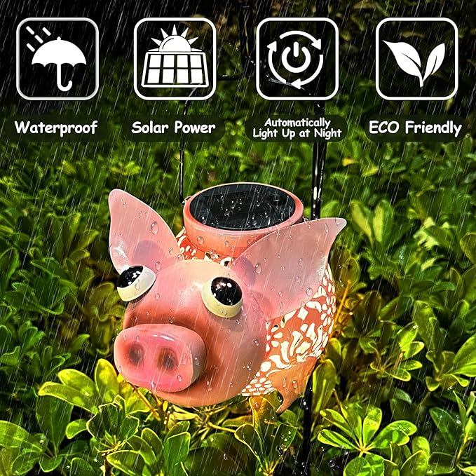 Teaeeno Pig Solar Light Lantern Garden Decor,Metal Animal Decor Outdoor,Garden Yard Lawn Backyard Ornament Decor,Home, Lawn, Patio, Resin Animal Ornament, Women/Gardening Gifts