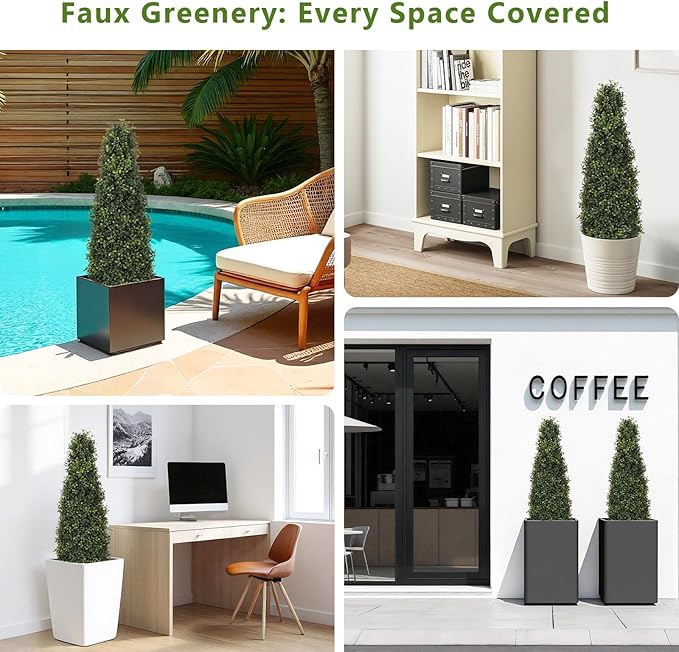 4ft Artificial Boxwood Topiary Trees (Set of 2) - UV Resistant Faux Plants Outdoor, Realistic 48in Fake Potted Bushes and Shrubs for Front Porch, Planter, Patio - Low Maintenance & Evergreen