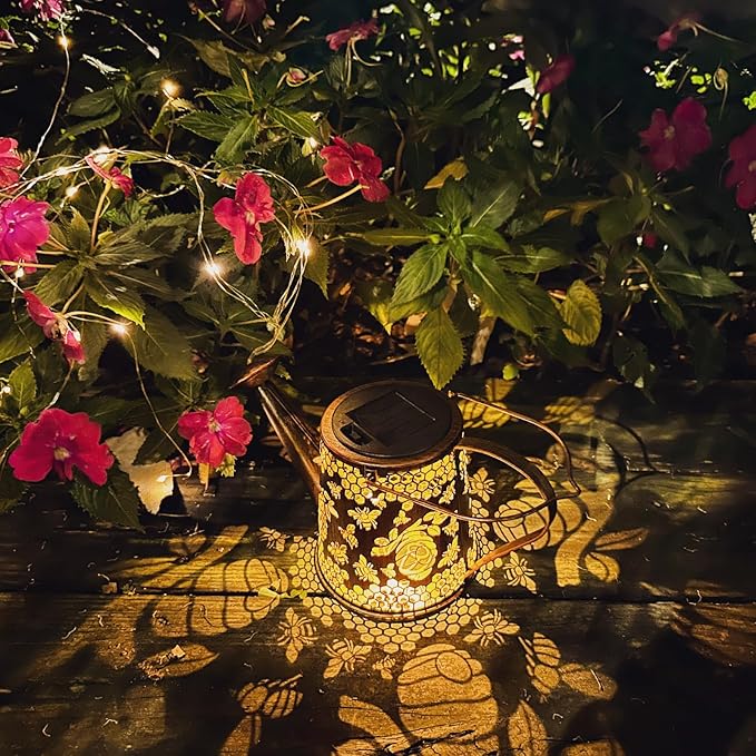 Solar Watering Can Outdoor Lights Garden Decor,Bee Hanging Lantern Waterproof Landscape Lights Outside Decoration for Yard Porch Patio Pathway Gardening Gifts(with 32 inch Shepherd Hook)