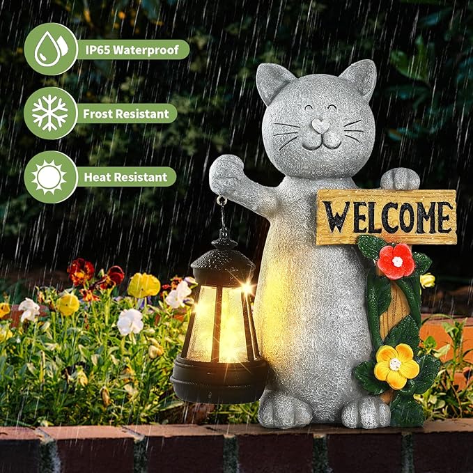 Json Garden Statue Solar Cat Figurine with Lantern, 10" Resin Kitten Outdoor Lawn Porch Yard Art, Lighted Christmas Birthday Gifts for Mom Grandma
