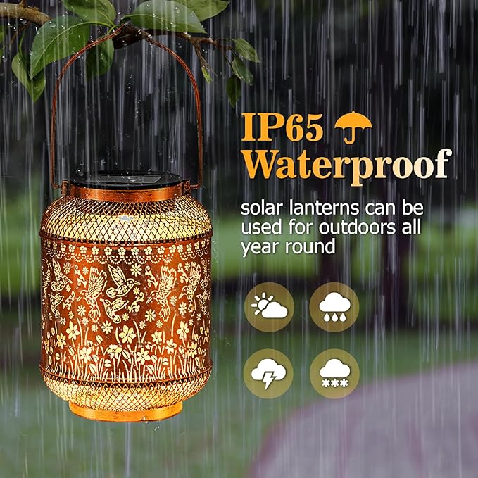 Solar Lanterns Outdoor Hummingbird Garden Decor, Metal Decor Lanterns Gardening Gifts for Women Mom Grandma, Waterproof Hanging Solar Lights for Outside, Patio, Yard, Porch, Backyard