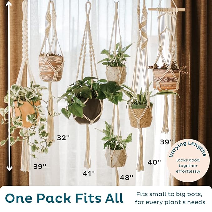 Nook Theory 6-Pack Macrame Plant Hanger - 12 Ceiling Hooks - Plant Hanger Indoor - Hanging Plant Holder - Hanging Planters for Indoor Plants - Boho Plant Hanger - Plant Hangers Indoor (Cream)
