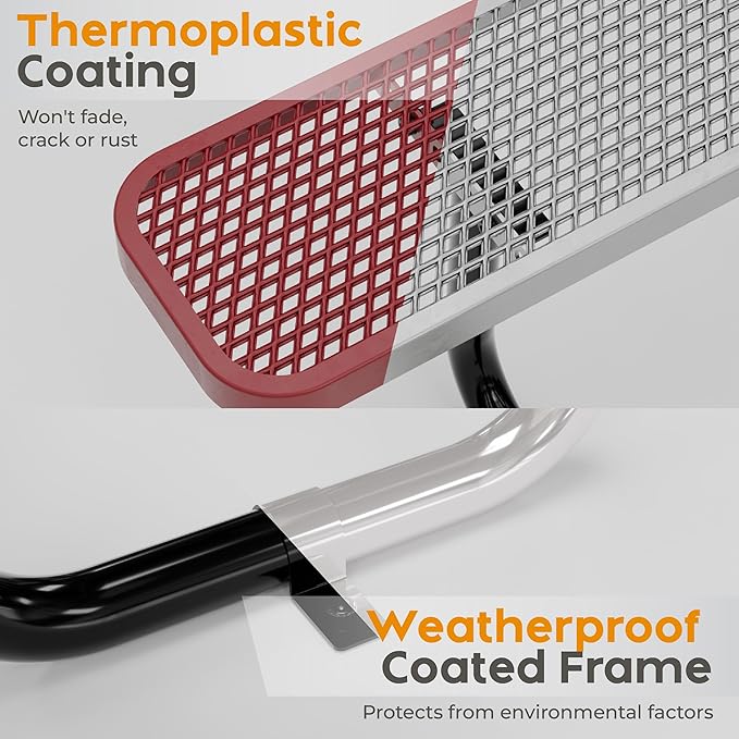 Metal Picnic Tables for Outdoors with Umbrella Hole - Coated Steel Heavy Duty Commercial Grade Table with Adjustable Seats (Red, 46 in, Square, Expanded Steel)