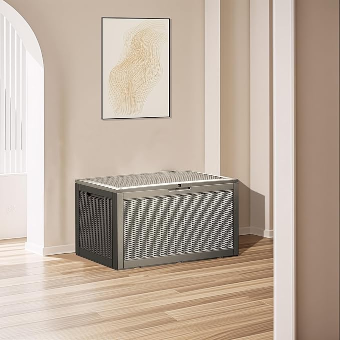 Multi-Functional 100 Gallon Patio Storage Bench - Waterproof Outdoor Deck Box & Storage Cabinet, Lockable Resin Chest for Pool/Garden Accessories, UV-Resistant, Weathered Grey