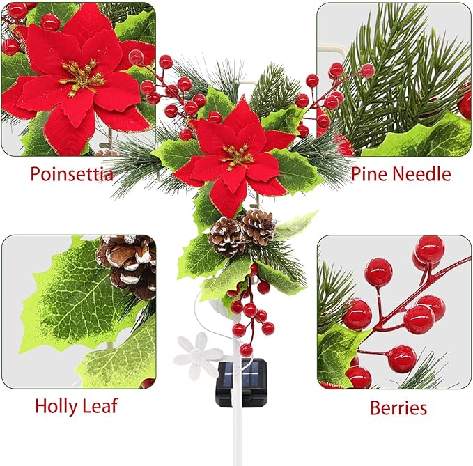 4 Pack Solar Christmas Decorations Outdoor, 32 Inch Solar Christmas Cross Stake Lights, Waterproof Grave Decorations with Poinsettia Flower Pinecones Red Berries for Garden Yard Patio Lawn Cemetery