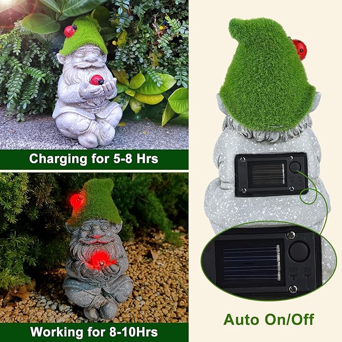 Solar Gnomes Garden Statues, Outdoor Lighted Gnome with Ladybugs Garden Decor Waterproof Figurines for Patio Porch Balcony Yard Lawn Lantern, Yard Art Decorations Gifts for Garden Patio Lawn