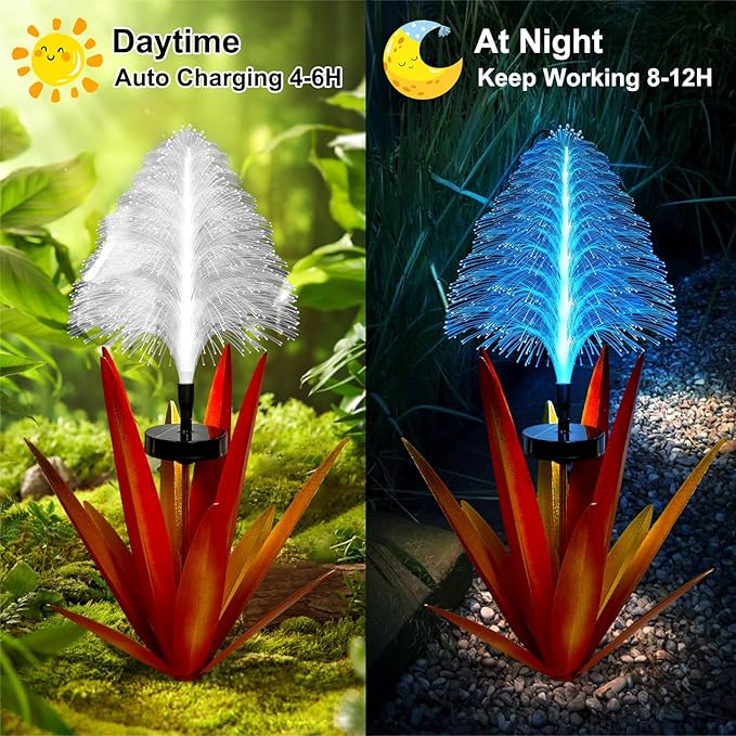 Metal Outdoor Decoration Gift Metal Agave Plants Outdoor Decor, Metal Agave Yard Art Garden Lights Solar Outdoor, 7 Color Changing Garden Yard Pathway Xmas Decor Waterproof & Solar Powerer (1pcs red)