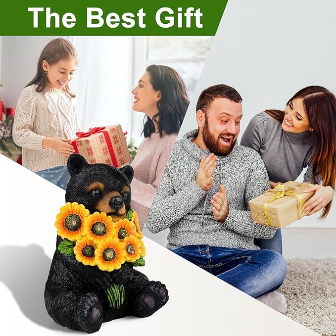 ILLUMINEW Solar Garden Lights Outdoor Statues Black Bear with Sunflowers, Sculpture Decor Mother Gifts for Women, Men or Daughter, Unique Garden Statues for Housewarming Gifts