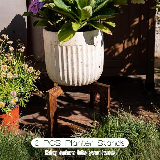 HPC DECOR 2 Pack Wood Plant Stand-Mid Century Modern Planter Stands-Wooden Flower Pot Stands Riser,Low Short Plant Stands Indoor-Modern Minimalist Wooden Stool for Plant Pot Holder, Fit 5-15 Inch Pot.