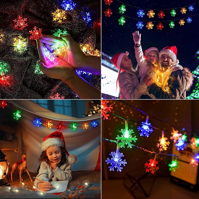 Solar Christmas Snowflake String Lights 100 LED 39 FT Outdoor Waterproof Fairy Lights with 8 Lighting Modes for Wedding, Party, Tree, Room, Garden, Patio, Yard, Home, Multicolor