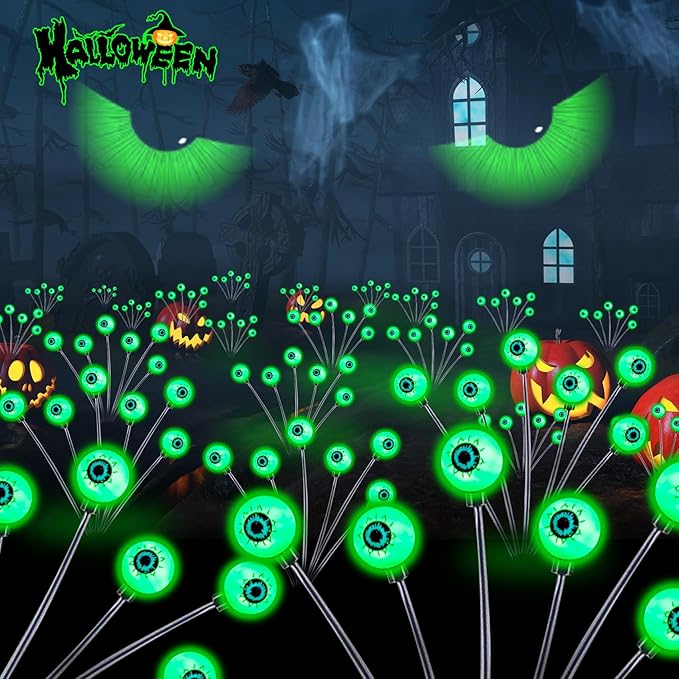 TONULAX Halloween Decorations Outdoor, 2 Pack Upgraded Solar Scary Eyeball Lights with Dual Lighting Modes, Swaying Firefly Lights, Solar Pathway Light for Yard, Garden,Yard Decor, Party (Green)
