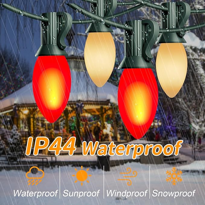 25FT C9 Christmas Lights Outdoor,Red and White C9 Christmas Lights with 26 Ceramic Bulbs(1 Spare), Connectable Incandescent Christmas Lights for Indoor Outdoor Party Home Decor,Green Wire