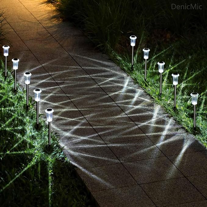 DenicMic Solar Lights Outdoor Pathway Lights 6000K LED Waterproof Acrylic Lamp Head Stainless Steel Stake for Yard Garden Landscape Path Walkway Driveway Patio Lawn (Cold White 10Pack)