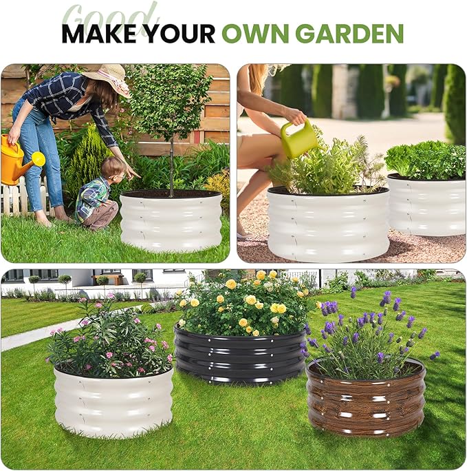 G GOOD GAIN Round Raised Garden Bed - 3Pcs 2x2x1ft Galvanized Steel Planter Boxes Outdoor with Rubber Edge Trim | Metal Raised Beds for Gardening Vegetables Flowers Fruits Herbs (White)