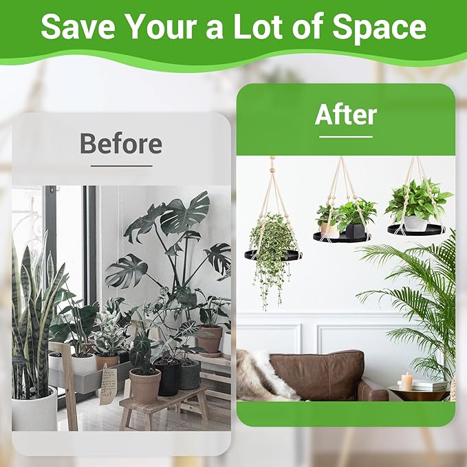 SUREAM Indoor Hanging Planter Shelf, Black Macrame Plant Hanger, Handmade Cotton Plant Hangers with Wood Tray, Planter Flower Pots Holder for Window Wall Ceiling Home Porch Patio Decor