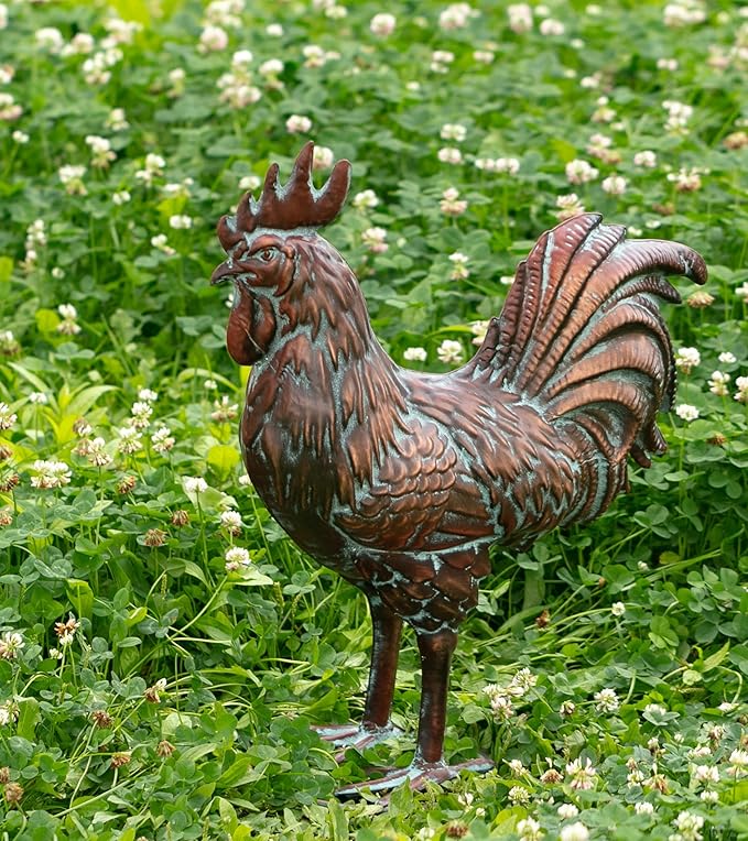 Garden Rooster Statues,15.7" L x 18.8" H Outdoor Metal Chicken Figurines,Antique Copper Chicken Sculptures & Statues Ornaments,3D Large Yard Rooster Decor for Home Kitchen Patio Farm