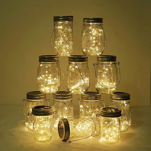 Decorman Solar Mason Jar Lights, 12 Pack 30 LED Fairy Star Firefly String Lids Lights with 12 Hangers for Patio Yard Garden Party Wedding Christmas Decoration(Jars Not Included)