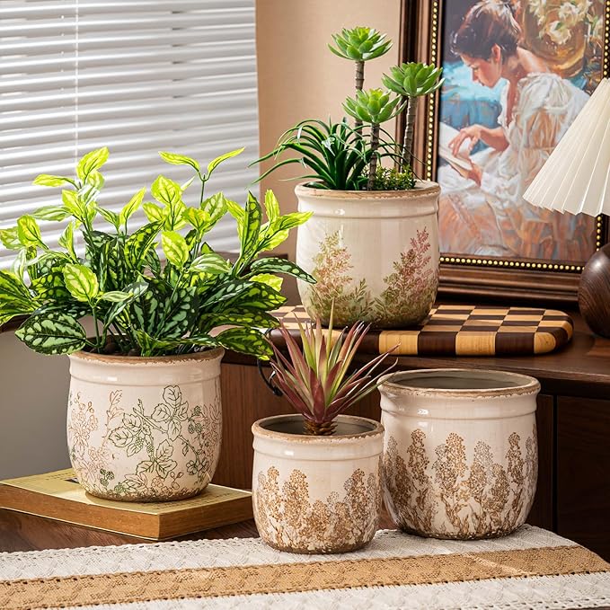 Set of 2 Ceramic Planters for Indoor Plants, 4.7+5.7 Inch Vintage Flower Pots without Drainage Hole, Rustic Brown Planter Set, Decorative Plant Pots for Indoor Plants, Home Decor, Living Room, Office
