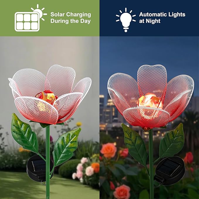 Solar Lights Outdoor Garden, 2 Pack Solar Powered Metal Flowers LED Breathing Light Waterproof,Solar Flowers for Outside Patio Lamp,Garden Gifts for Women,Landscape Lighting,Yard Pathway Decor