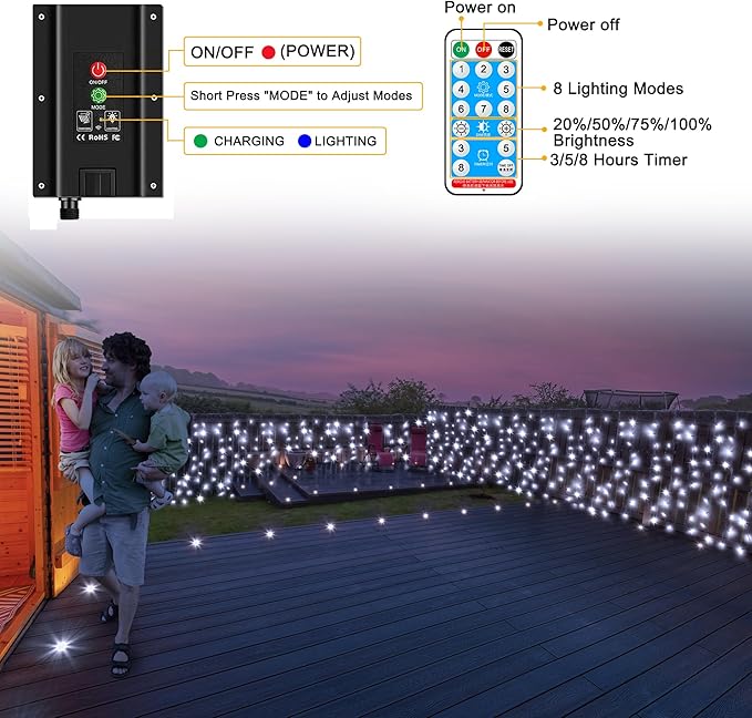 echosari Solar Powered Curtain Lights 33ftx 3ft 500 LED Outdoor Curtain Lights Waterproof with Timer 8 Modes for Christmas Garden Patio Fence Wedding Wall Window Gazebo Decor - Cool White